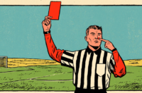 Image of a referee giving himself a red card.