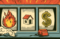 Image of a slot machine with a fire on the screen.